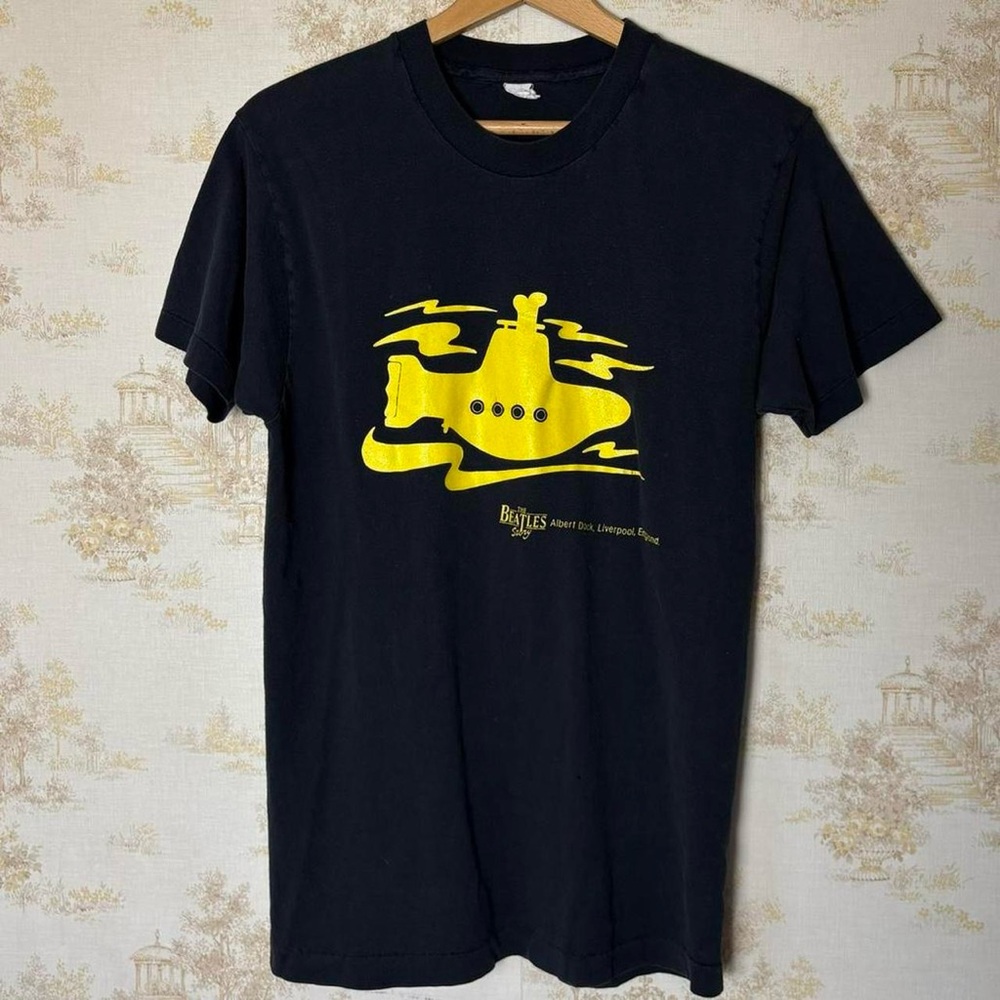 Vintage 80s The Beatles Tee Yellow Submarine Band Shirt Black Retro Rock Size M